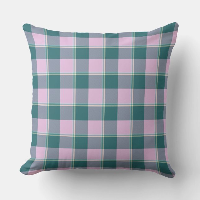 Ming and Melanie Plaid Pink Teal Throw Pillow (Front)