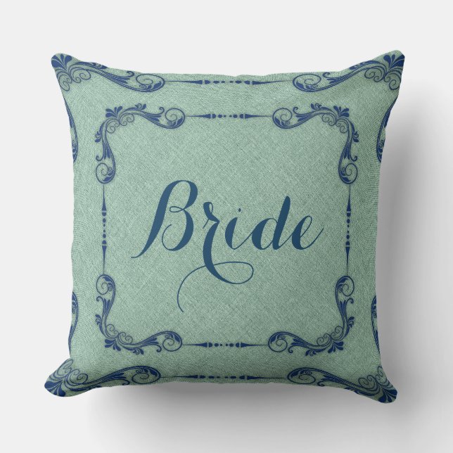 Ming-Green Linen And Blue Floral Frame Throw Pillow (Front)