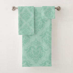 Ming-green on green damasks pattern bath towel set