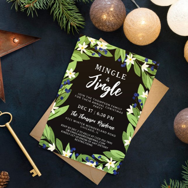 Minge Jingle Floral Blue Berries Christmas Party Invitation (Creator Uploaded)