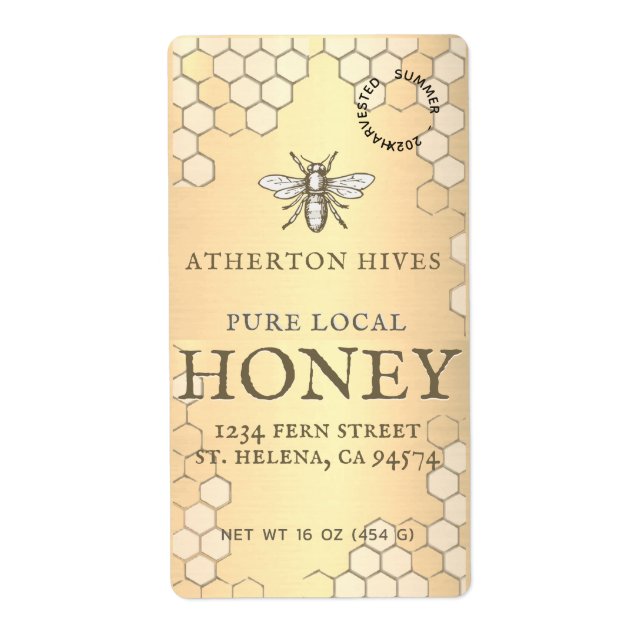 Mini 2"x 3.75" Gold Honey Label with Heraldic Bee (Front)