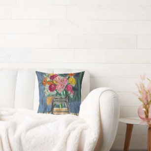 Mini artquilt design; Flower bouquet Throw Pillow