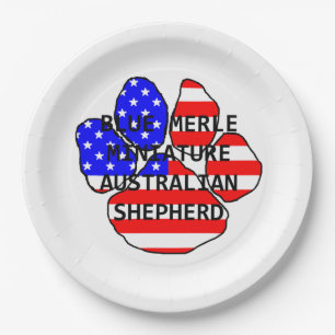 mini aussie name paw flag blue merle paper plate