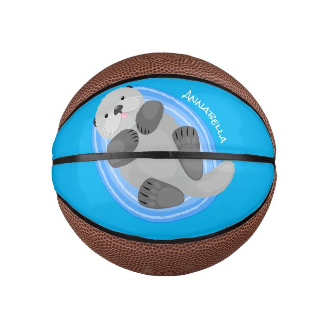 Mini Ballon De Basket Caricature bleu loutre de mer joyeux (Devant)