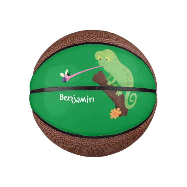 Mini Ballon De Basket Caricature de lézard de caméléon vert joyeux (Devant)