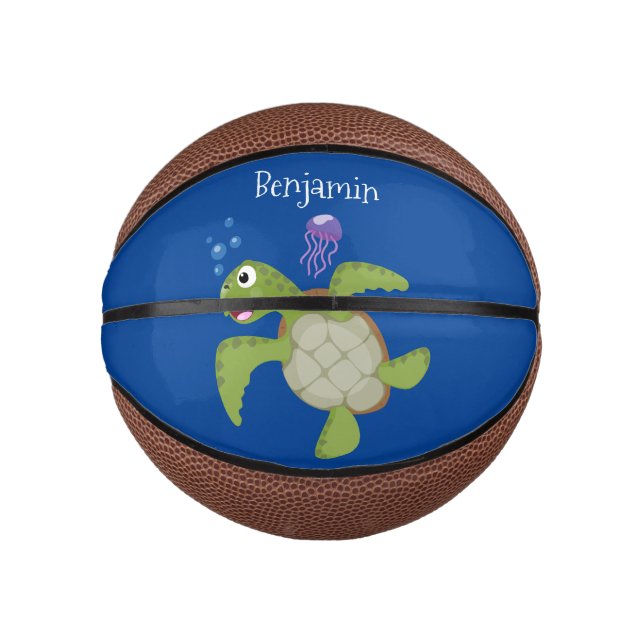 Mini Ballon De Basket Caricature joyeuse de tortue de mer verte mignonne (Devant)