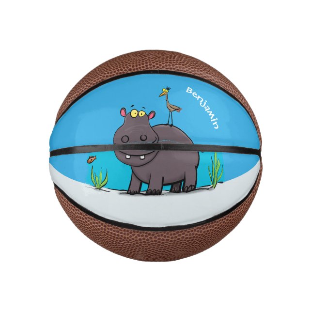 Mini Ballon De Basket Ippopotame drôle mignon avec dessin animé d'oiseau (Devant)