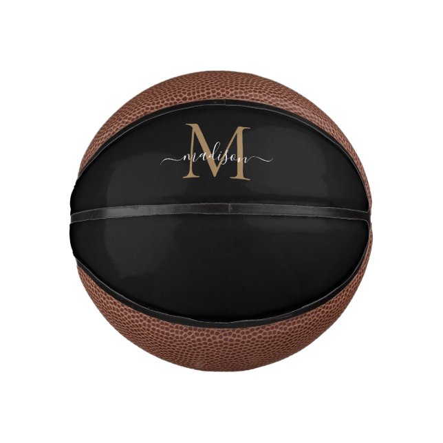 Mini Ballon De Basket Monogramme d'or noir moderne Feminine Script fémin (Devant)