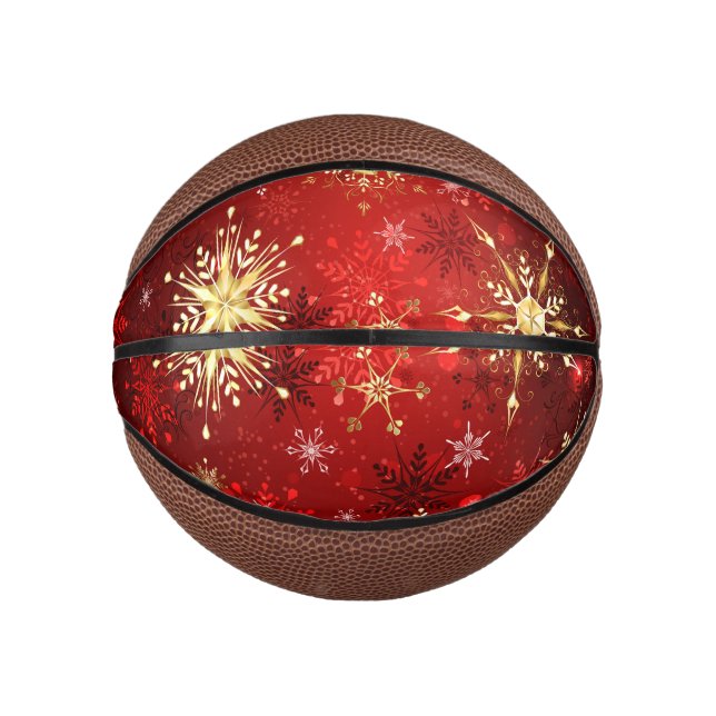 Mini Ballon De Basket Noël Golden Snowflakes sur Arrière - plan rouge (Devant)