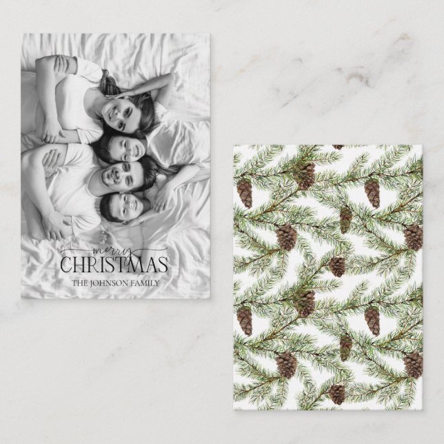 Mini Black & White Photo Pine Cone Merry Christmas Card (Front/Back)
