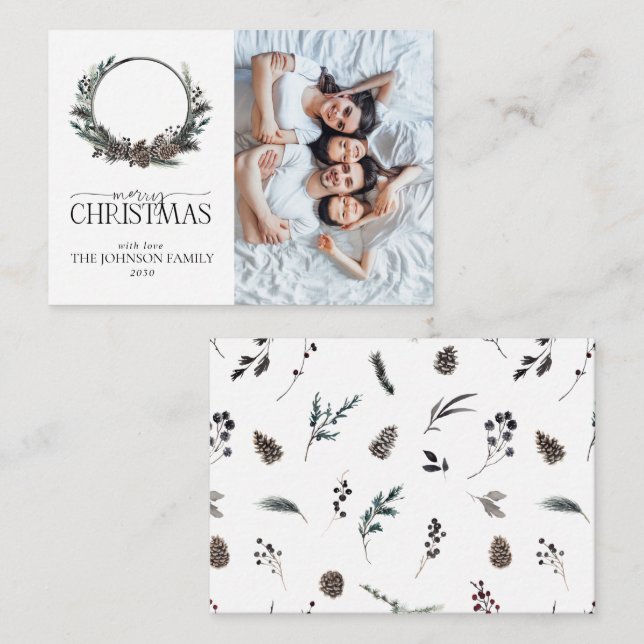 Mini Black Winter Wreath Merry Christmas Photo Card (Front/Back)