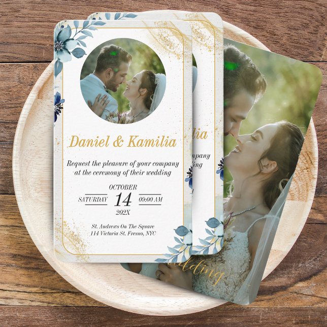 Mini Bleu Rustique Mariage Floral Invitation Avec  (Mini Blue Rustic Floral Wedding Invite - Custom Photo)