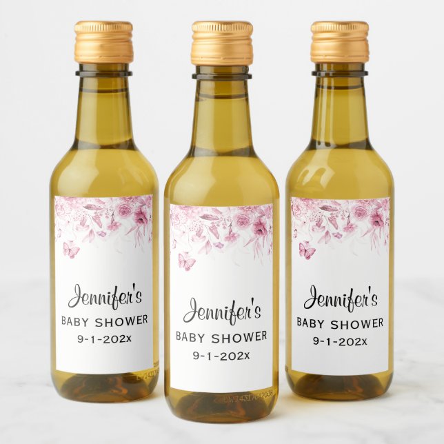 Mini Bottle Pink Baby Shower Floral Drop Mini Wine Label (Bottles)