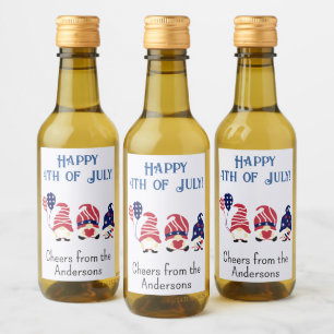 Mini Bottles 4th of July Red White Blue Gnomes, 10 Wine Label