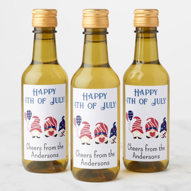 Mini Bottles 4th of July Red White Blue Gnomes, 10 Wine Label (Bottles)