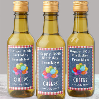 Mini Bottles Happy Birthday Gingham and Blue Denim Wine Label