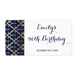 Mini champagne bottle label navy blue gold damask
