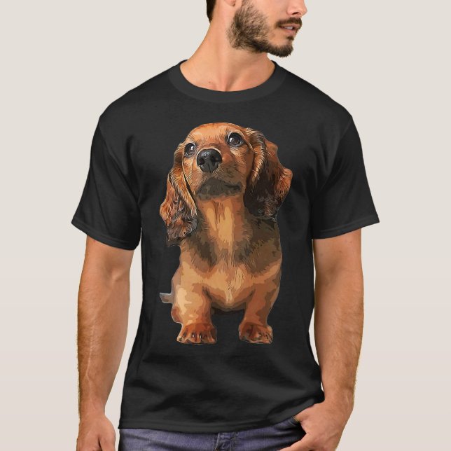 Mini Dachshund Long Haired Shaded Red Puppy Dog T-Shirt (Front)