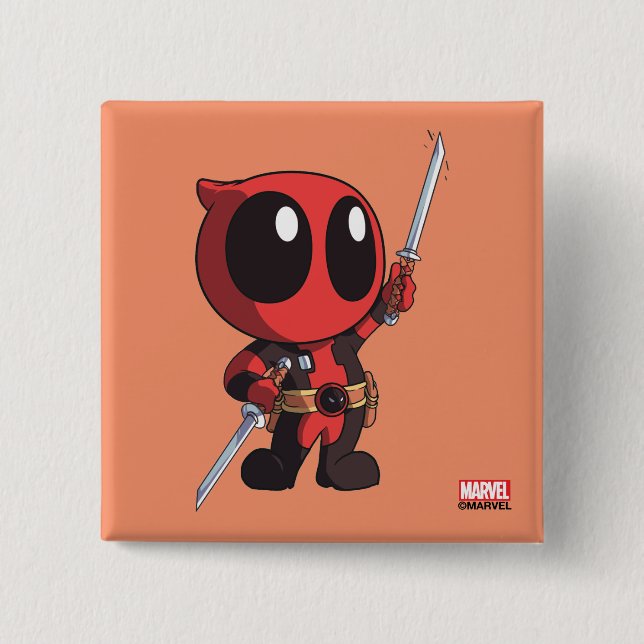 Mini Deadpool With Two Swords 2 Inch Square Button (Front)