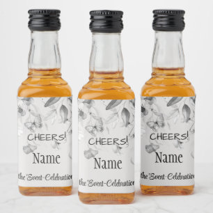 Mini Elegant Black & White Still Life Floral Drop Liquor Bottle Label