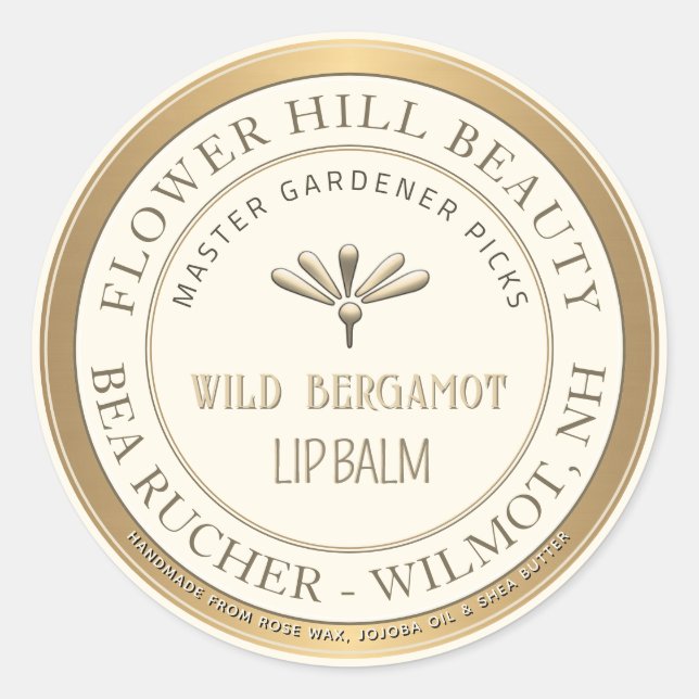 Mini Embossed Flower Lip Balm Metallic Gold Border Classic Round Sticker (Front)