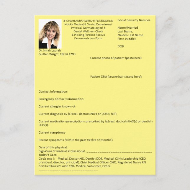Mini Form for: Med., Derm., Dental, Missing Person Invitation Postcard (Front)