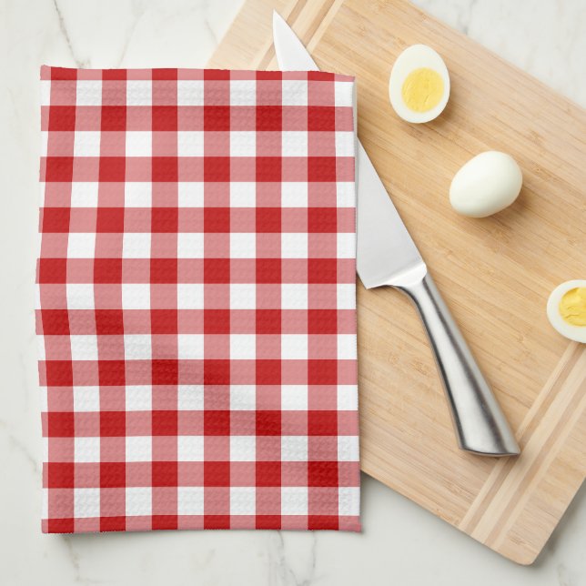 Mini Gingham Check Red White Plaid Pattern Kitchen Towel (Quarter Fold)