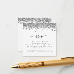Mini Glam Silver Glitter QR Code Wedding RSVP Enclosure Card