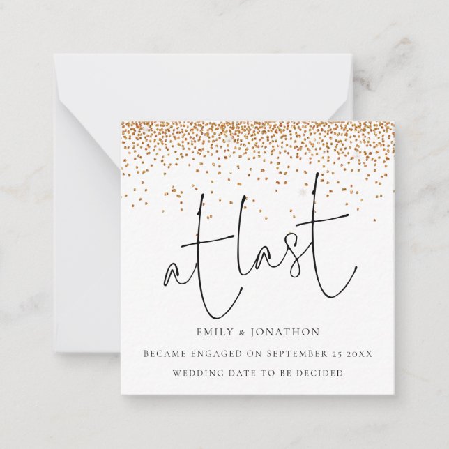 MINI | Gold glitter Confetti At Last Engagement Card (Front)