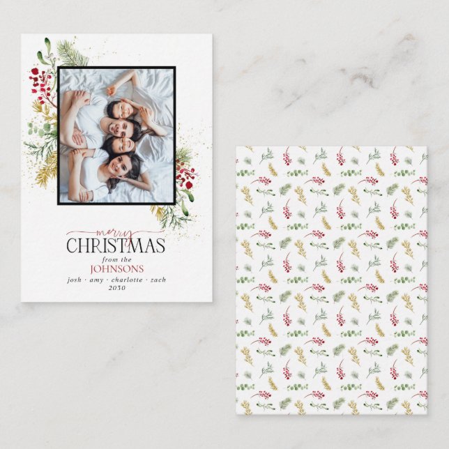 Mini Gold Winter Greenery Merry Christmas Photo Card (Front/Back)
