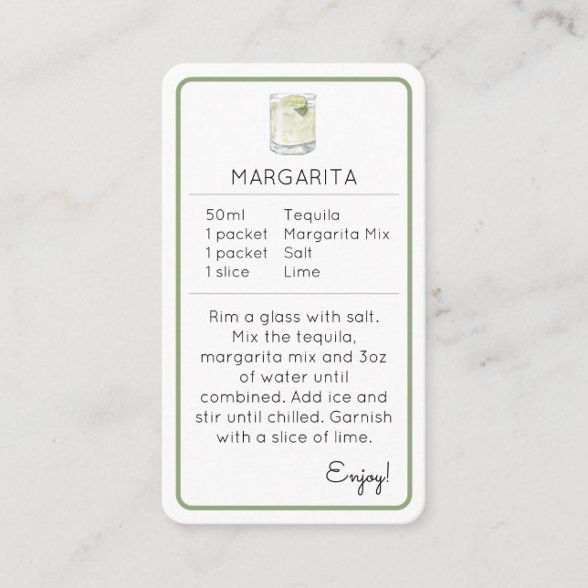 Mini Kit Cocktail Favor Recette Carte Margarita (Devant)