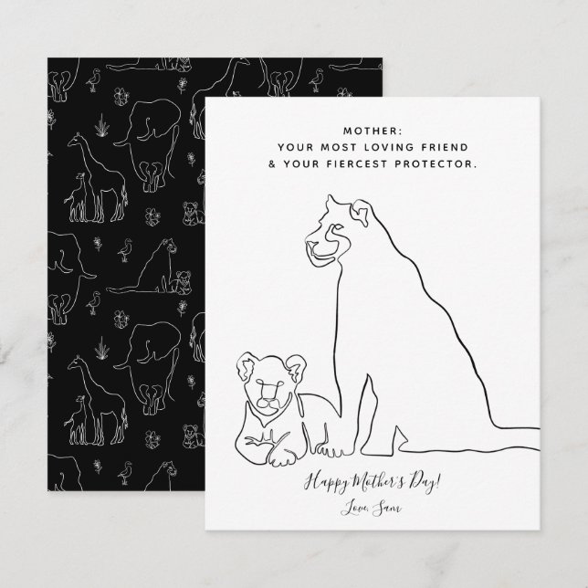 Mini ligne Lion bébé Art carte de fête des mères (Devant / Derrière)
