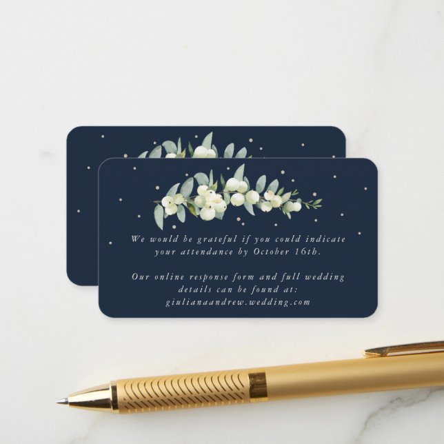 Mini Navy Snowberry+Eucalyptus Wedding Online RSVP Enclosure Card (Front/Back In Situ)