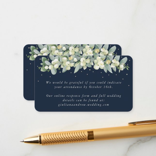 Mini Navy Snowberry+Eucalyptus Wedding Online RSVP Enclosure Card (Front/Back In Situ)