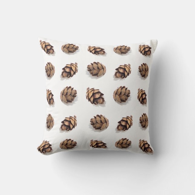 Mini Pine Cones on White Pattern Throw Pillow (Front)