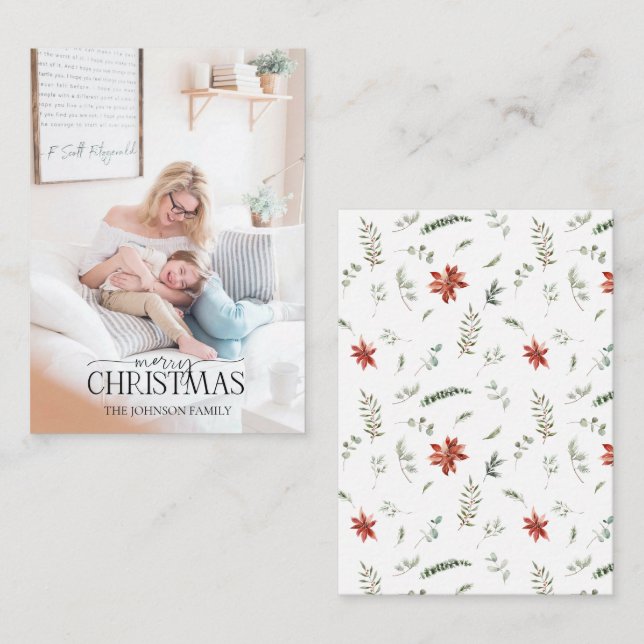 Mini Poinsettia Greenery Photo Merry Christmas Card (Front/Back)