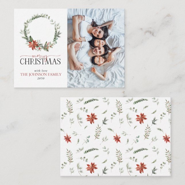 Mini Poinsettia Wreath Photo Merry Christmas Card (Front/Back)