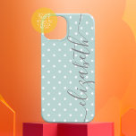 Mini Polka Dots with script grey name pastel teal Case-Mate iPhone 14 Case<br><div class="desc">A feminine and girly polkadot design with a name in a handwritten, calligraphy font. The name is a big signature up the side of the cover with a soft, tiny polka dot pattern in the background. You can change the colour by clicking on the customize area and choosing a different...</div>
