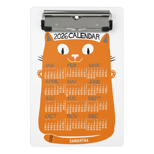 Mini Porte-bloc 2026 Year Monthly Calendar Mid-Century Orange Cat (Devant)