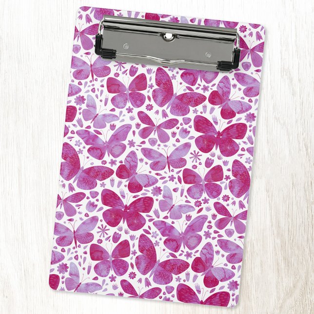 Mini Porte-bloc Aquarelle papillon rose (Magenta pink watercolor butterfly pattern mini clipboard)