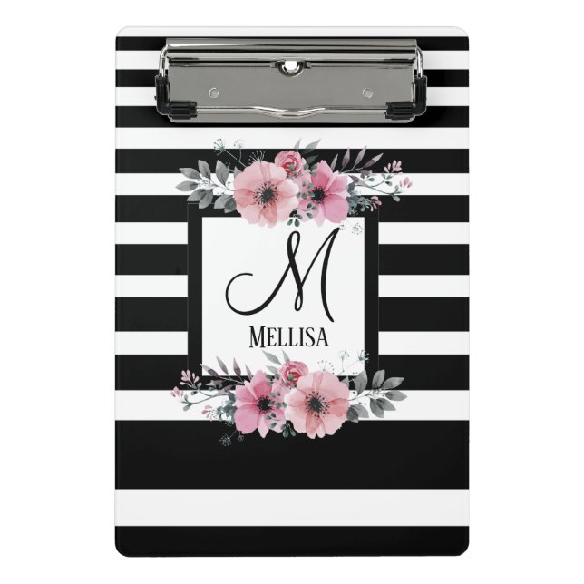 Mini Porte-bloc Bandes noires et blanches Monogramme floral rose (Devant)