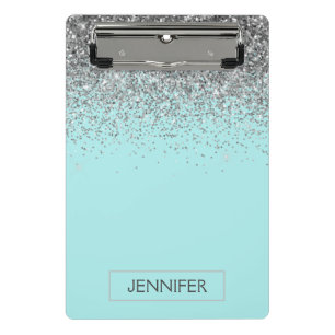 Mini Porte-bloc Bleu Sarcelle Argent Paillettes Nom Monogramme Fém