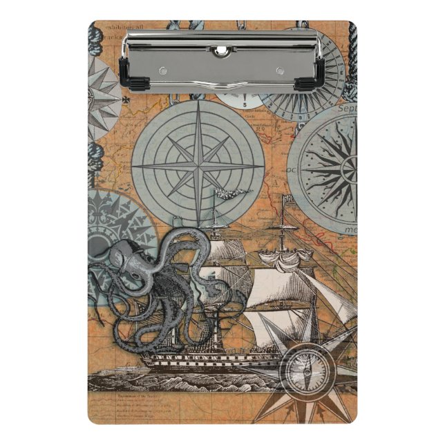 Mini Porte-bloc Boussole Rose Vintage Nautique Octopus Ship (Devant)