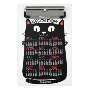 Mini Porte-bloc Calendrier mensuel de l'année 2026 Chat noir milie