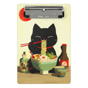 Mini Porte-bloc Chat noir heureux mangeant du Ramen Ukiyo-e japo