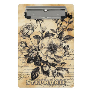 Mini Porte-bloc Croquis botanique de rose sépia vintage écriture f