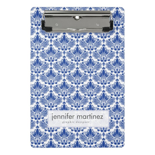 Mini Porte-bloc Elégant Royal Bleu Et Blanc Damas (Devant)
