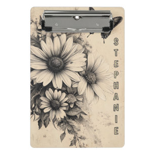 Mini Porte-bloc Fleur de marguerite papillon sépia vintage botaniq
