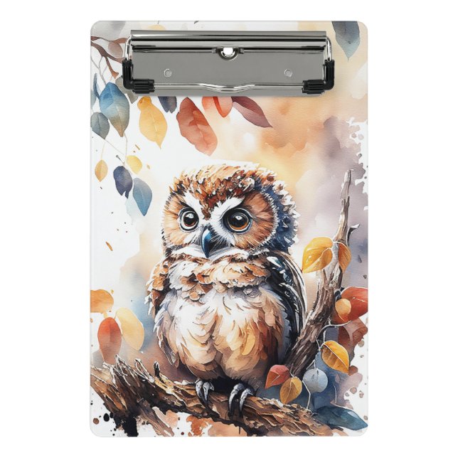 Mini Porte-bloc Illustration de l'aquarelle du hibou d'automne (Devant)