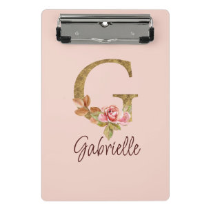Mini Porte-bloc Lettre de nom personnalisée G Rose poudré et feuil
